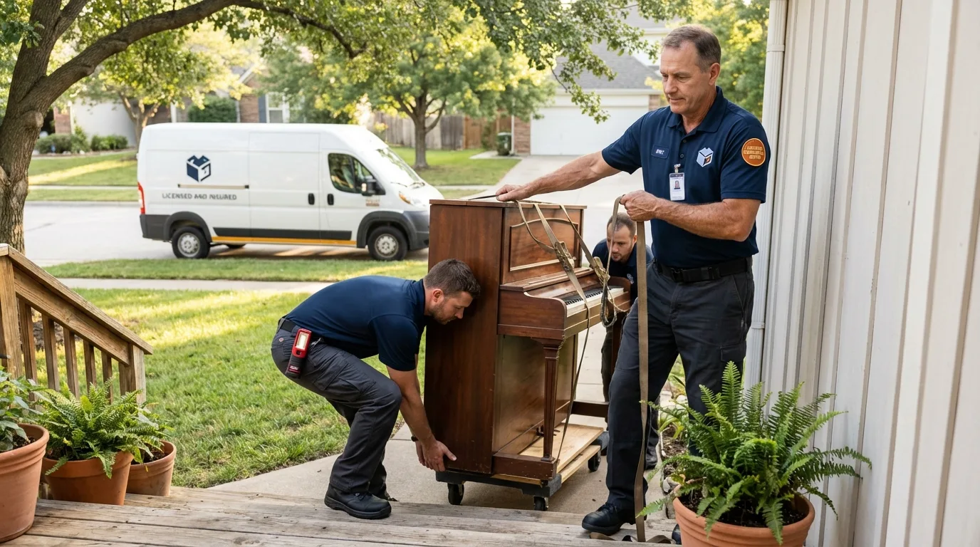 Licensed piano movers securing grand piano in De Kalb, MS
