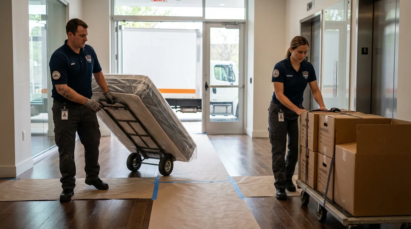 Professional apartment movers loading elevator in De Kalb, MS