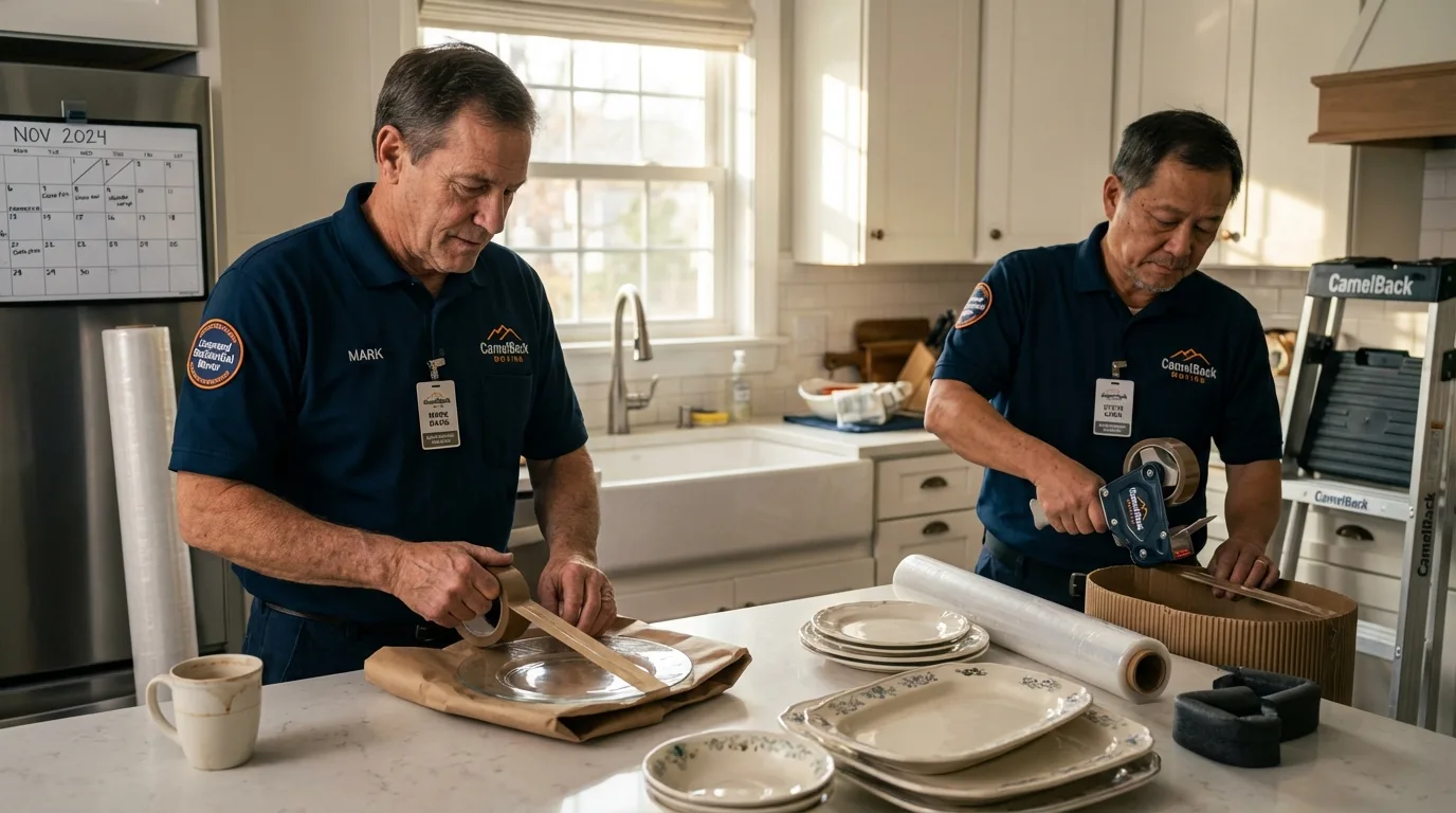 Professional crew packing kitchen dishware in De Kalb, MS