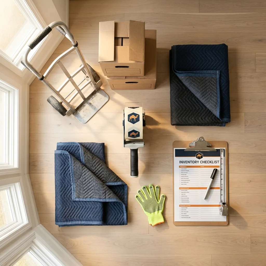 Professional moving supplies and packing materials layout for De Kalb residential relocations